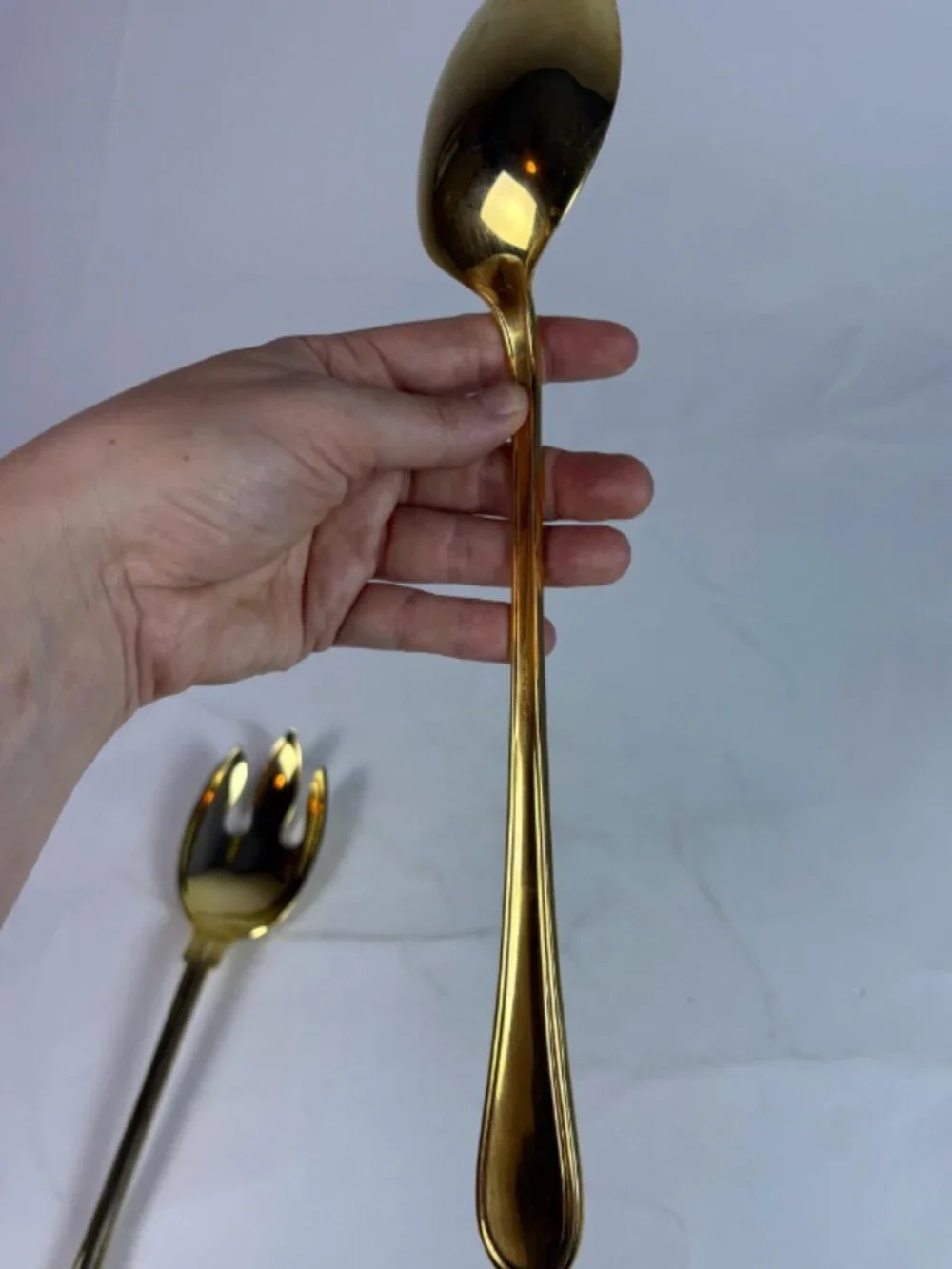 Vintage Gold Tone Salad Serving Set F.B. Rogers Italy Spoon Fork Holly Christmas